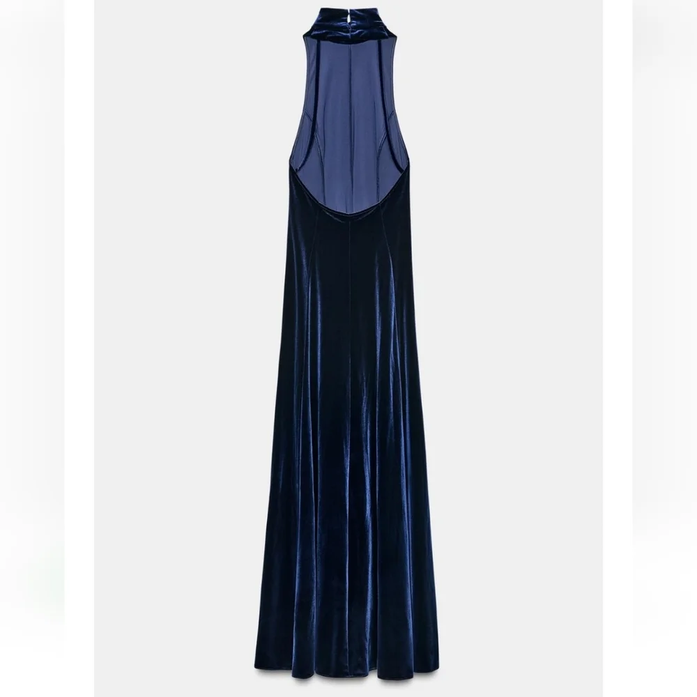 Zara VELVET LONG OPEN BACK DRESS NAVY SIZE XXL